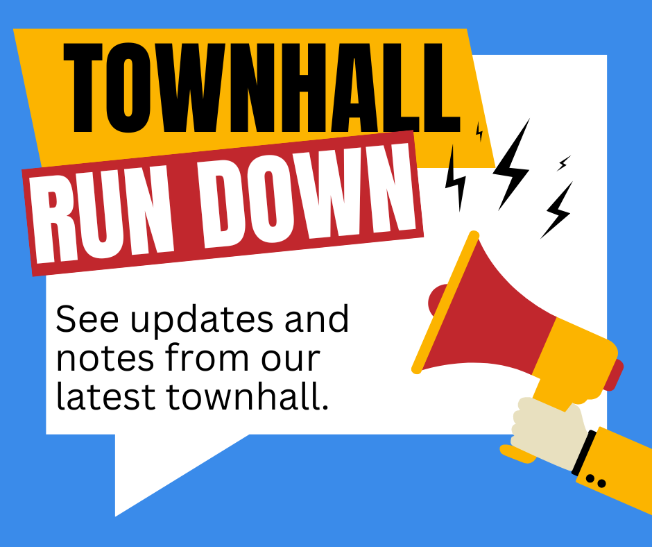  Blue, yellow, red and black icon displaying the words and icon saying "Townhall Rundown"